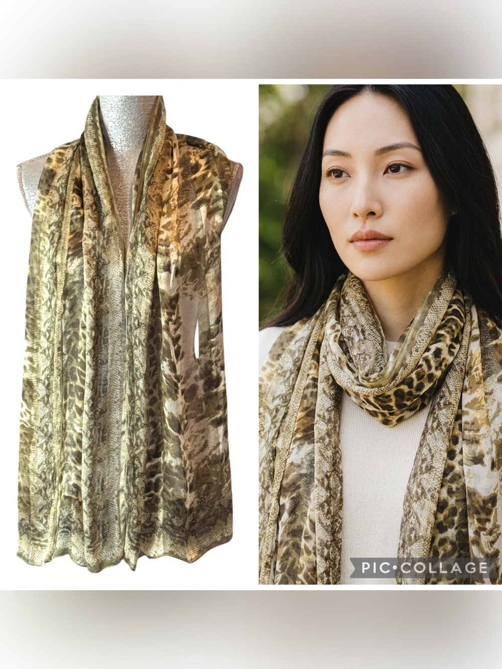 NWT Christian Fischbacher Silk Animal Print Oblong Scarf Wrap Olive Cream OS